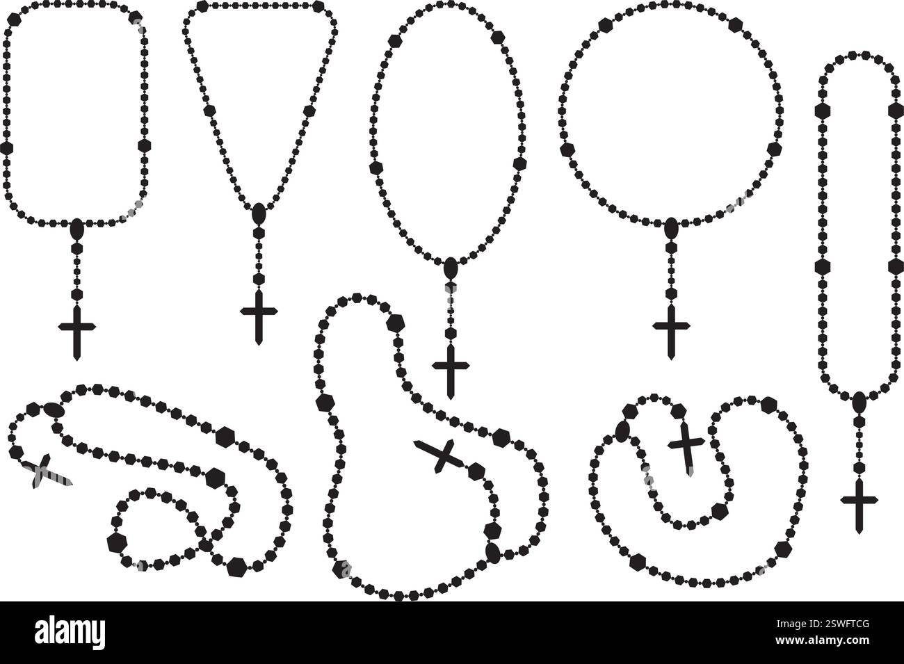 Perles de Rosaire avec croix. Collier de prière catholique isolé sur fond blanc. Chaîne chrétienne avec silhouettes crucifix. Bijoux religieux pour Illustration de Vecteur