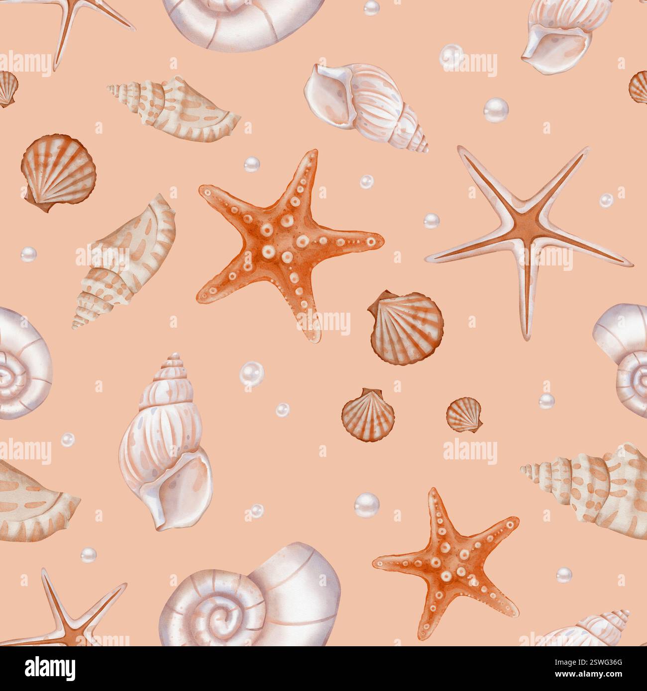 Motif coquillage et perles sur fond isolé. Ornement sans couture d'aquarelle vintage dessiné à la main avec des coquilles de mer et des étoiles pour le papier d'emballage ou Banque D'Images