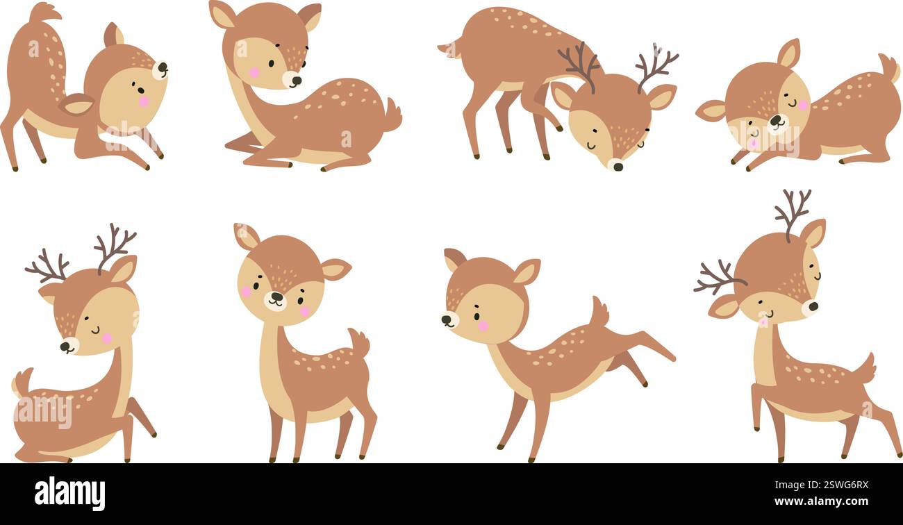 Cerf mignon. Les cerfs de dessin animé jouent à courir et dormir. Animaux adorables de la forêt dans diverses poses, repos et activité. Personnages enfantins, vecteur drôle de nos jours Illustration de Vecteur