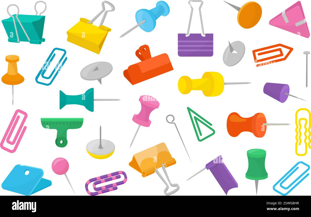Clips et épingles de dessin animé. Punaises isolées, drapeaux de coloration pour pointeurs, trombones et porte-documents. Papeterie et accessoires pour planche de liège, néotérique Illustration de Vecteur
