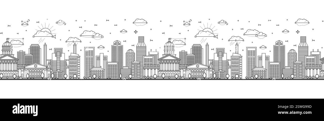 Modèle sans couture avec Outline Sacramento California City skyline avec des bâtiments modernes et historiques isolés sur blanc. Illustration vectorielle. Sacramento. Illustration de Vecteur