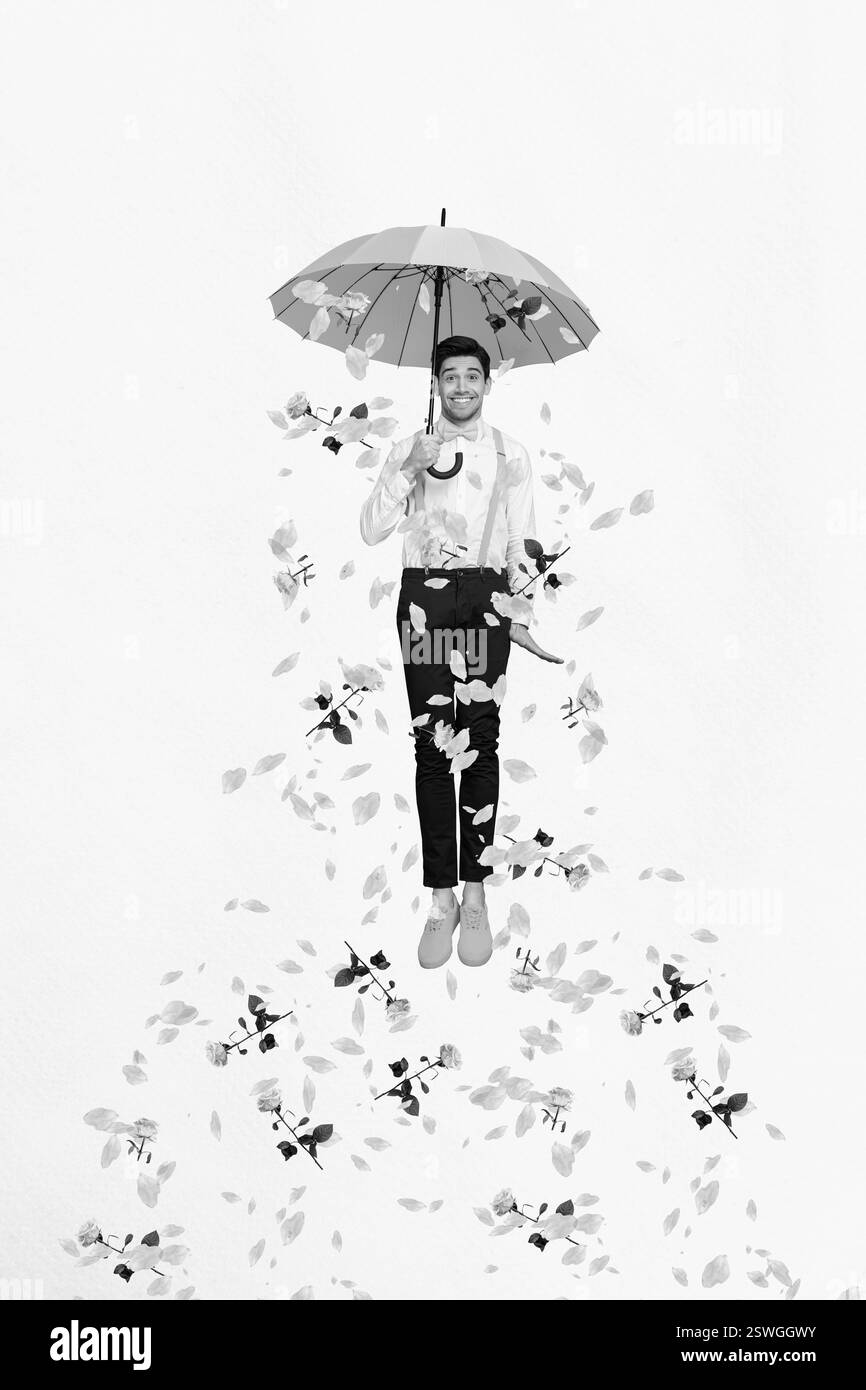 Carte de voeux de carte postale de collage photo minimaliste d'homme optimiste positif tenir le parasol isolé sur fond blanc peint Banque D'Images