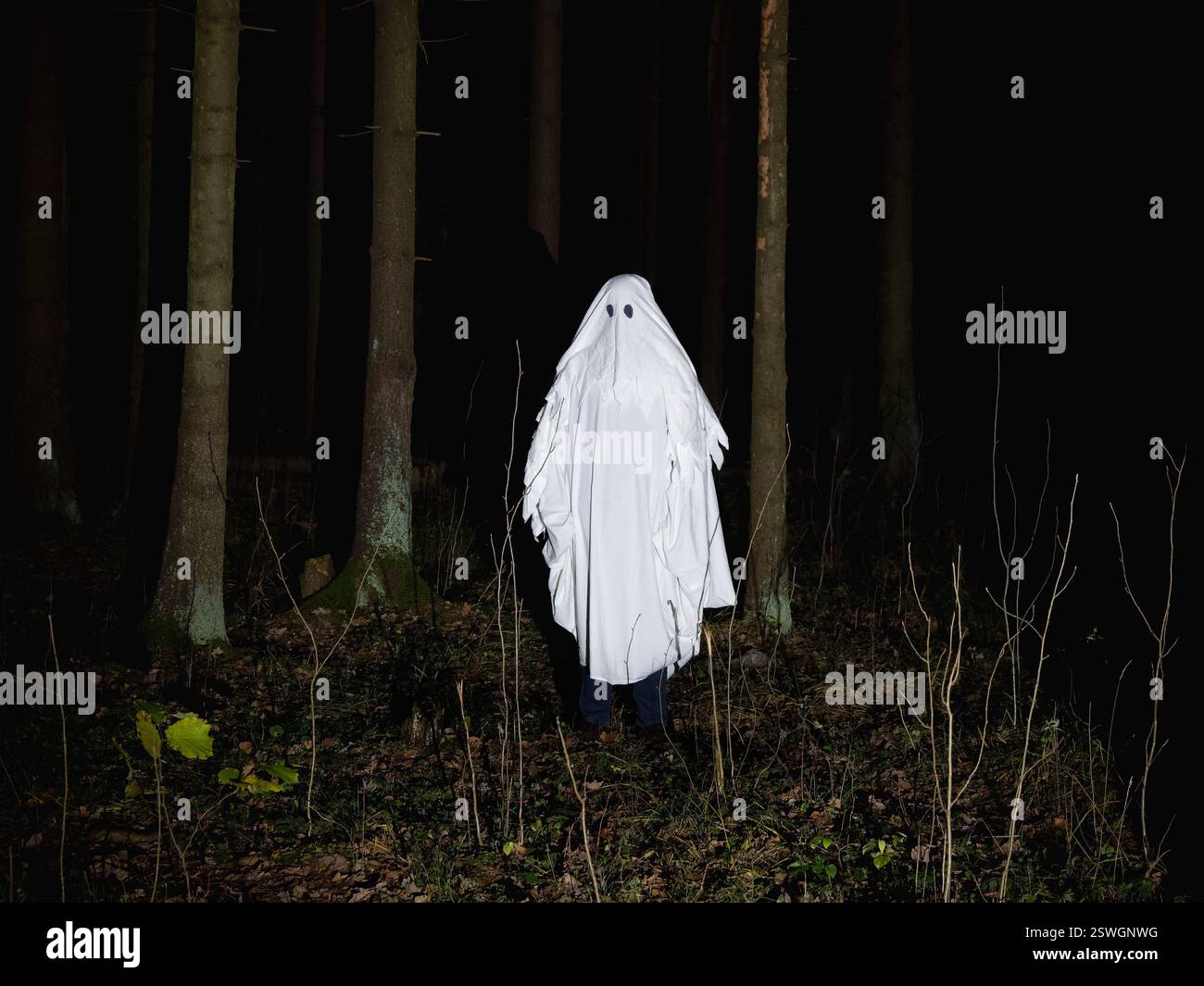 Fantôme drôle dans une forêt sombre. Concept de fantaisie sombre. D'un mystérieux fantôme blanc dans une forêt effrayante. Banque D'Images