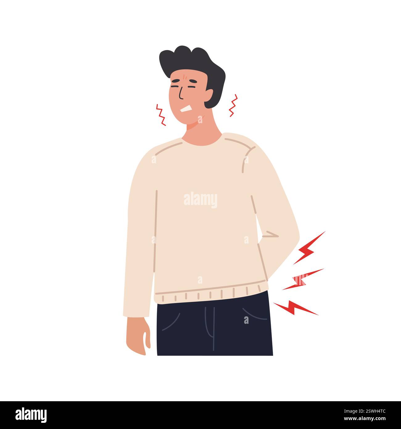 Jeune homme souffrant de douleurs au bas du dos, tenant sa taille avec une expression peinte. Concept médical des problèmes de la colonne vertébrale, de la tension musculaire ou du rein Illustration de Vecteur