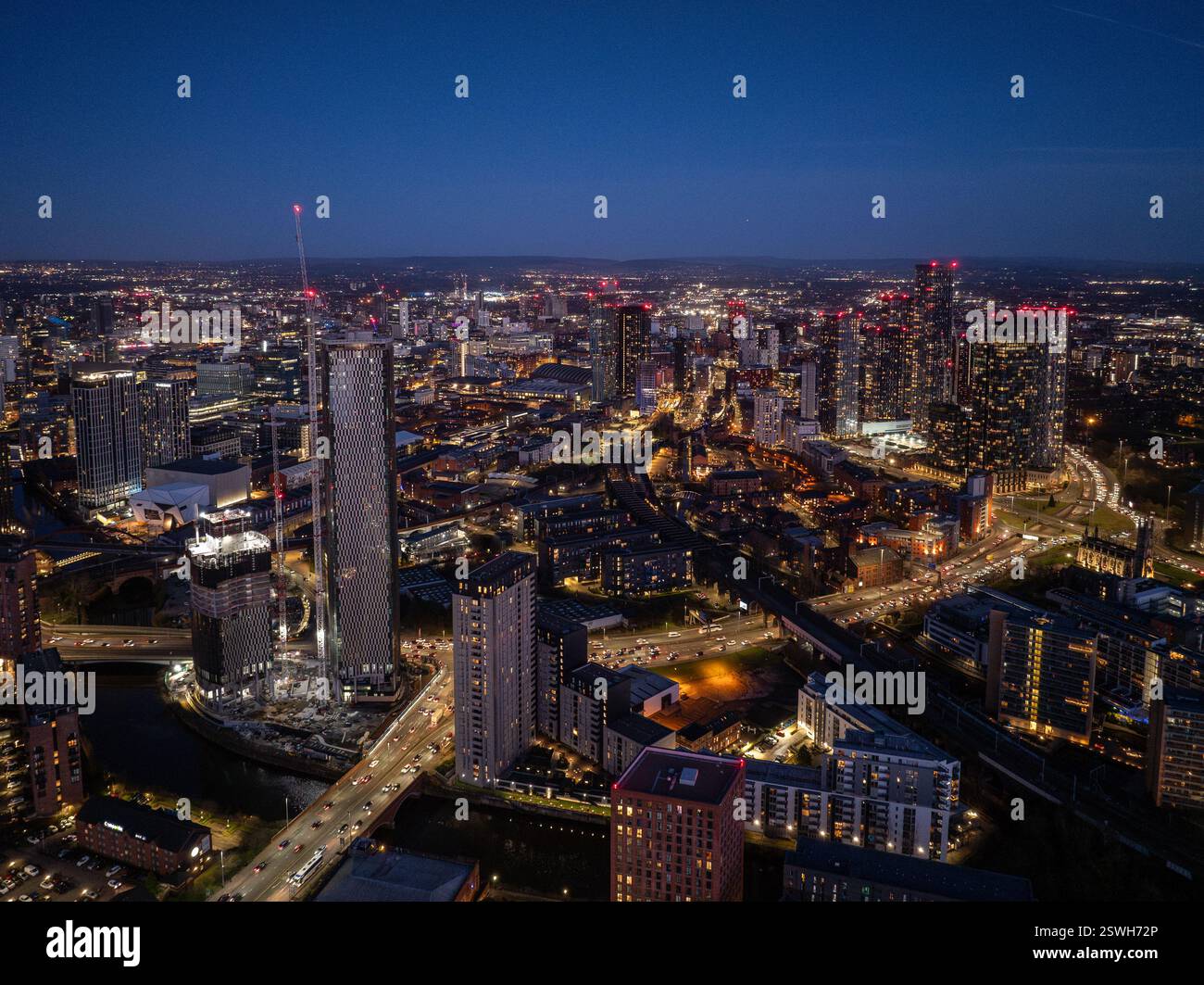 Lever du soleil sur le paysage urbain de Manchester et Urban Skyline Banque D'Images