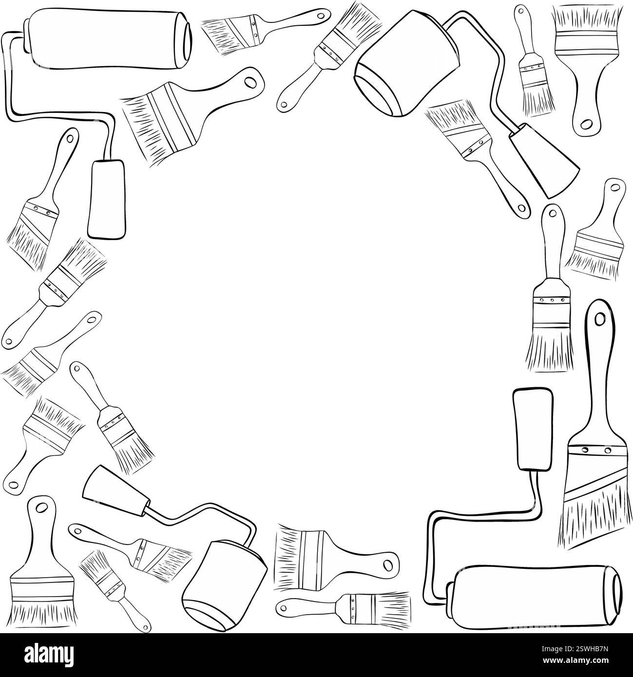 Rouleau de peinture et pinceau cercle cadre rond en carré pour le texte. Illustration vectorielle d'encre de ligne graphique Illustration de Vecteur