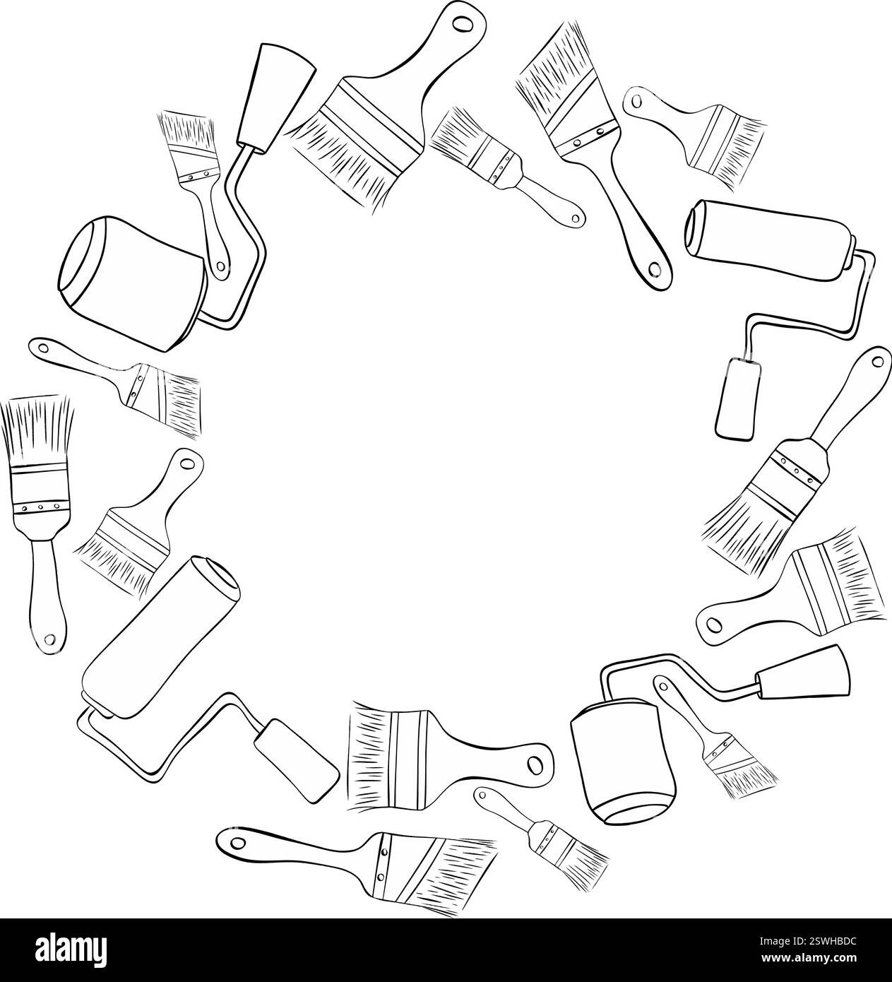 Pinceau et cadre rond de cercle de rouleau. Pinceau de ligne graphique vectoriel, peinture, pinceau, couleur, peinture, peintre, outil, construction, réparation, optimisé Illustration de Vecteur