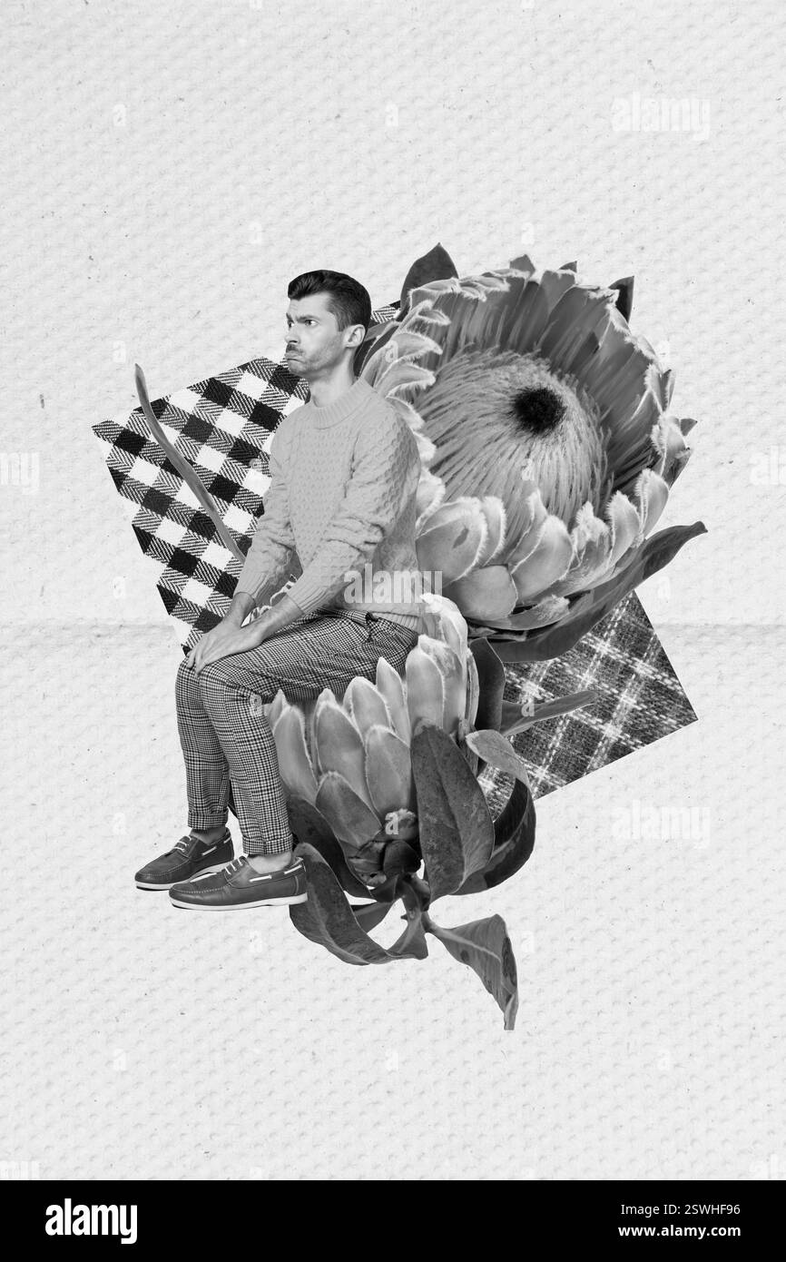 Image de collage magazine d'art de gars ennuyé assis exotique grandes fleurs énormes arrière-plan de dessin isolé Banque D'Images