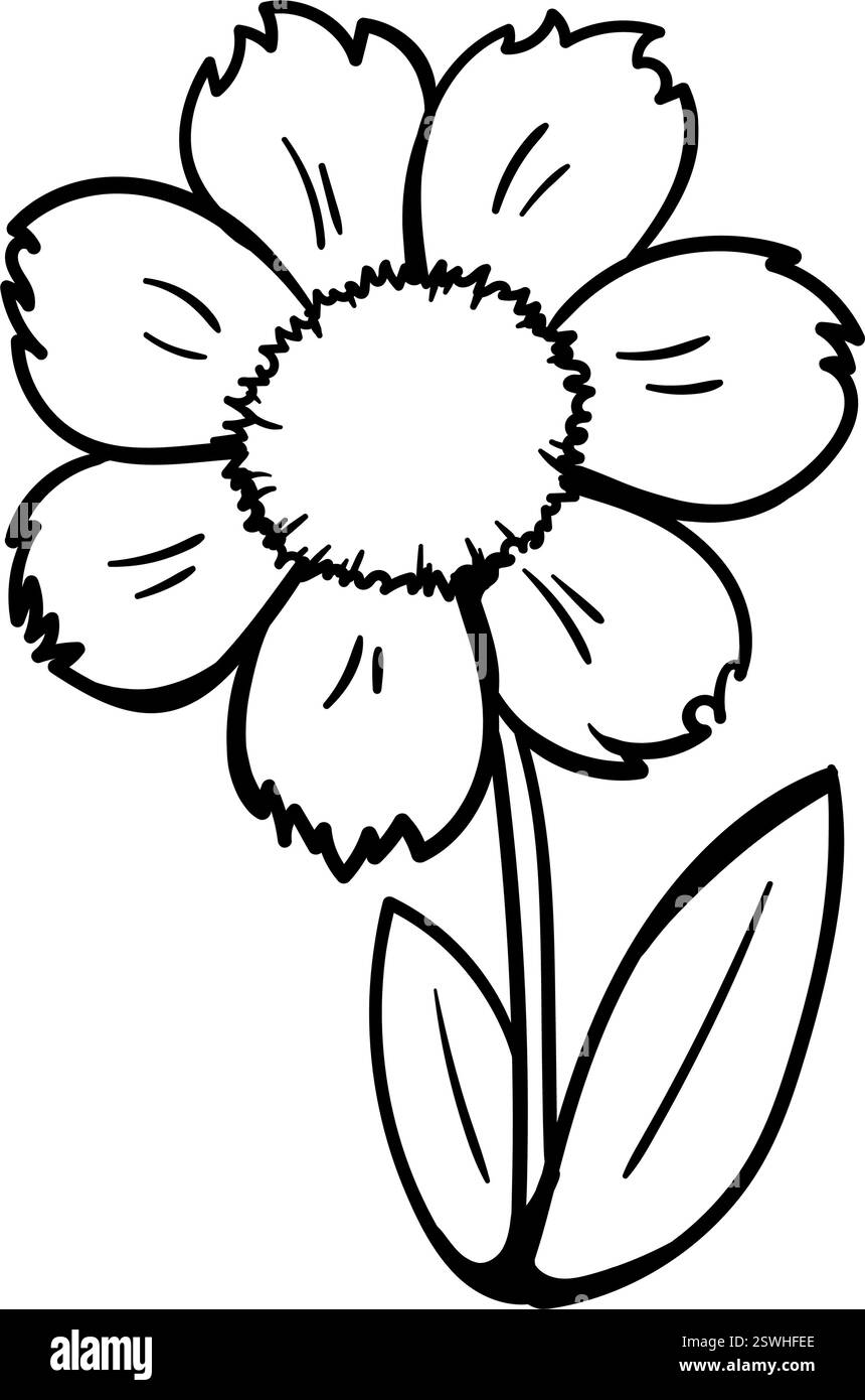 Fleur noire et blanche de dessin animé. Illustration vectorielle pour livre de coloriage pour enfants, autocollant, affiche, impression. Illustration de Vecteur