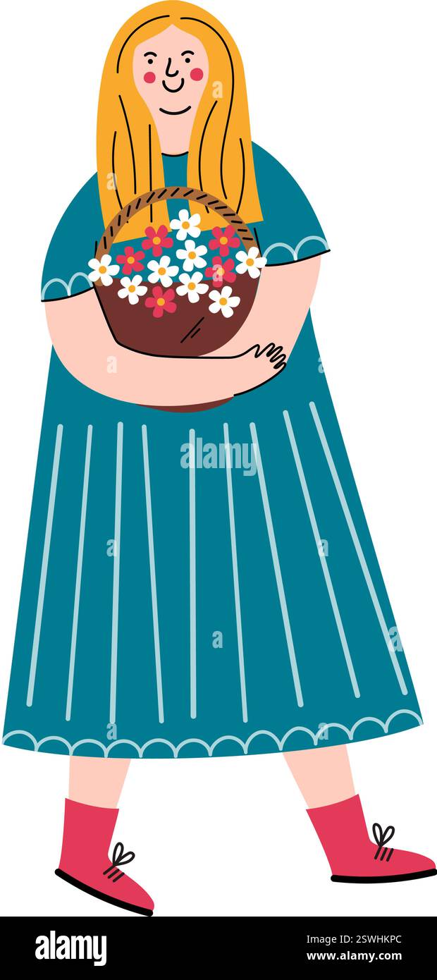 Femme heureuse portant un panier de fleurs Illustration de Vecteur