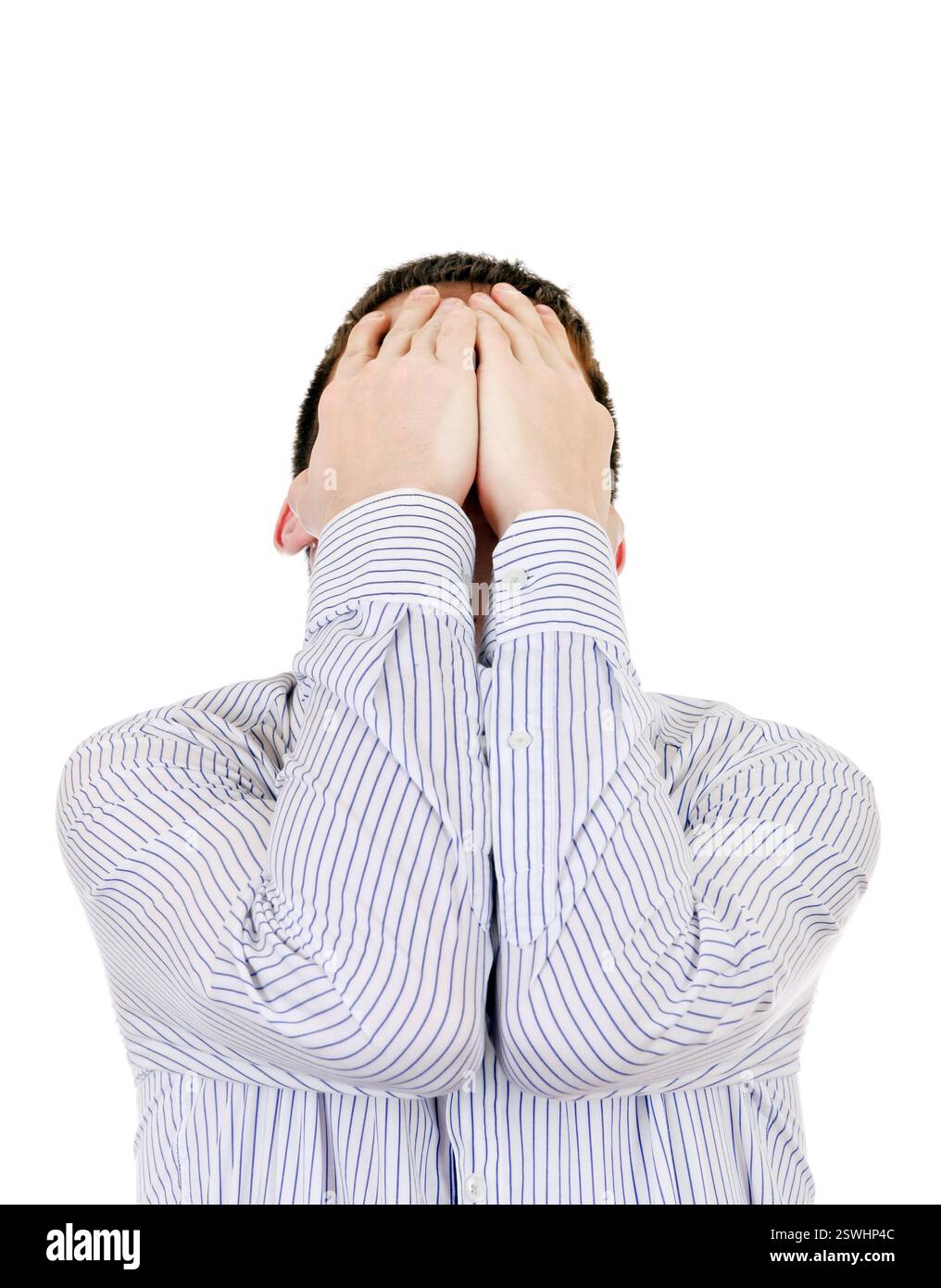 Adolescent triste sur le fond blanc cacher son visage Banque D'Images