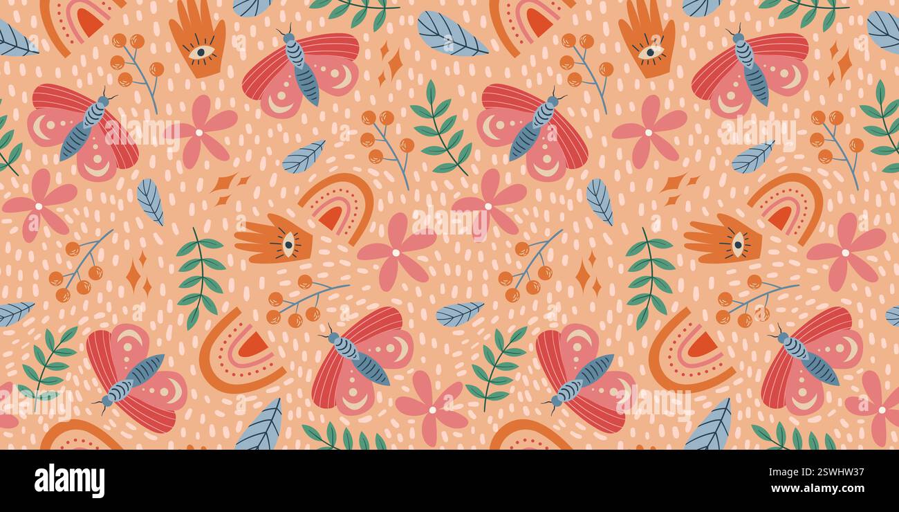 Papillon sans couture et motif floral avec des motifs mystiques, détails botaniques dessinés à la main et couleurs vibrantes douces sur fond beige pour textile et Illustration de Vecteur