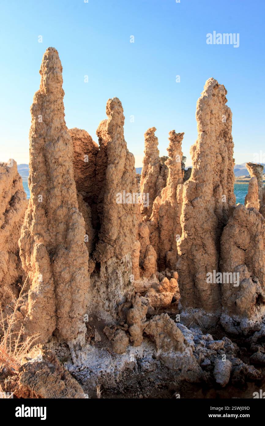 Groupe de roches hautes avec une substance blanche sur eux. Les rochers sont dans un désert. Le ciel est bleu Banque D'Images