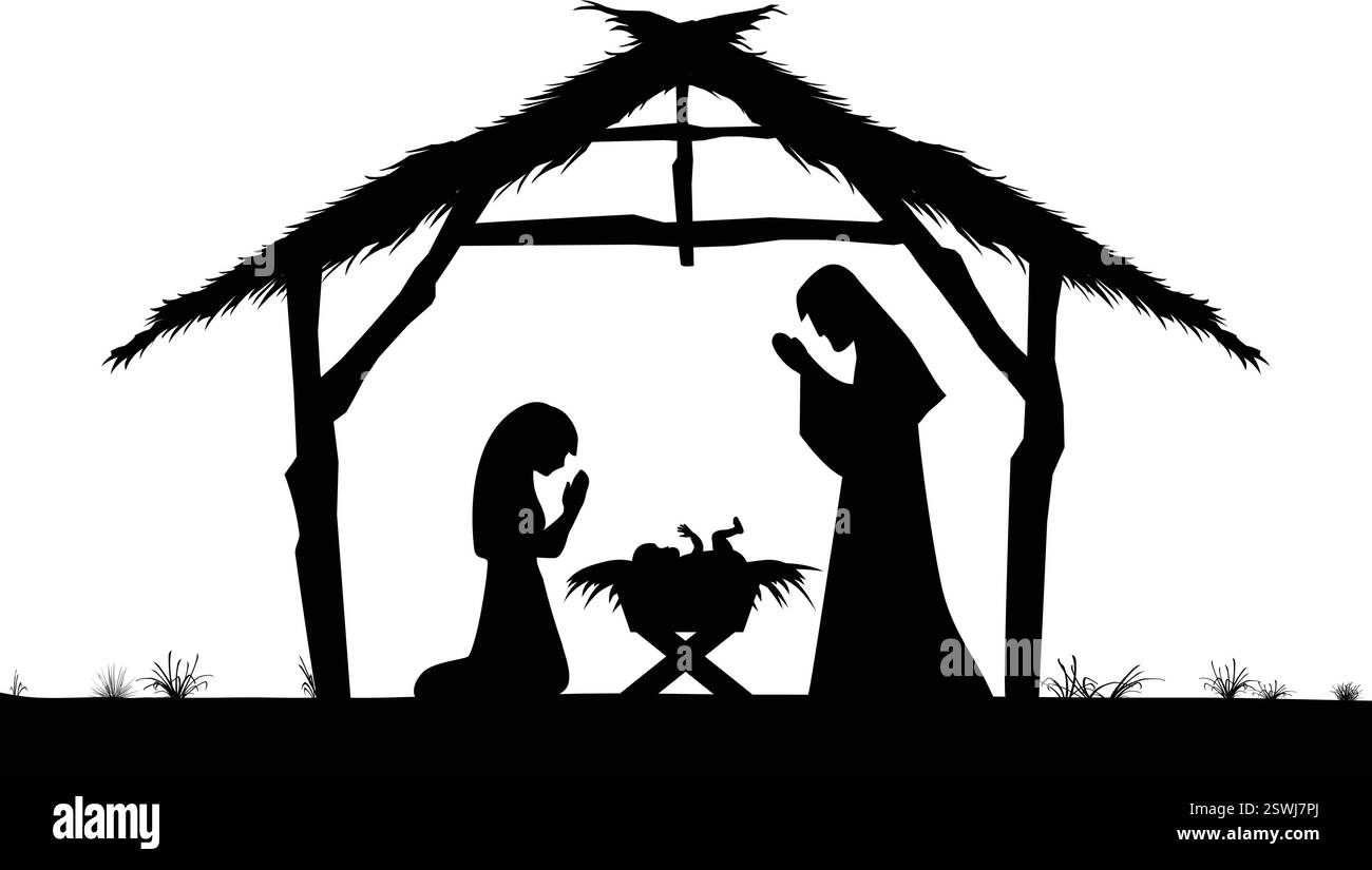 nativité classique de noël naissance de jésus christ dans l'illustration vectorielle de scène de silhouette stable isolé sur fond transparent Illustration de Vecteur
