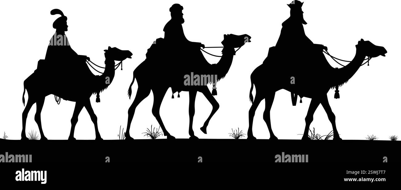 nativité classique de noël 3 hommes sages sur l'équitation silhouette de chameaux vue latérale illustration vectorielle Illustration de Vecteur