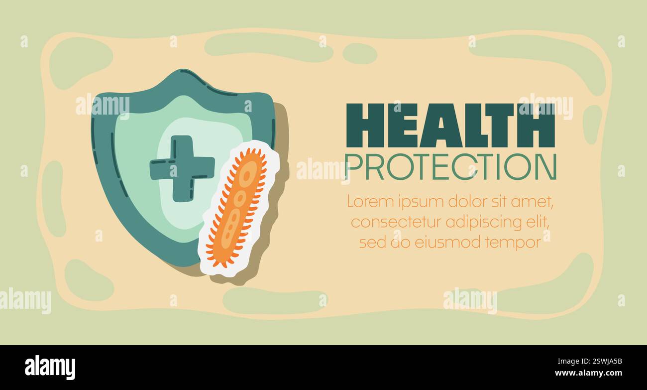Bouclier de protection attaqué par des virus, des germes et des bactéries. Système immunitaire et concept de protection contre les virus avec texte de protection de la santé. Immunité hygiénique médicale Illustration de Vecteur