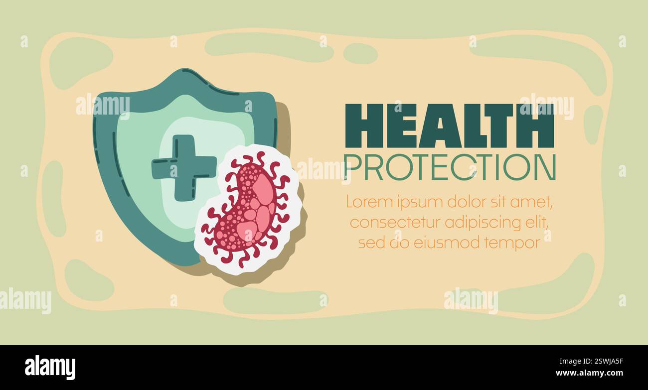 Bouclier de protection attaqué par des virus, des germes et des bactéries. Système immunitaire et concept de protection contre les virus avec texte de protection de la santé. Immunité hygiénique médicale Illustration de Vecteur