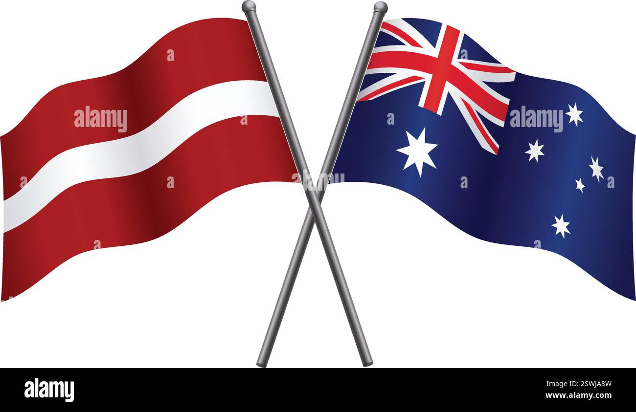 Lettonie et Australie drapeaux sur des mâts de drapeau en relation alliance ou contre vecteur croisé isolé sur fond transparent Illustration de Vecteur