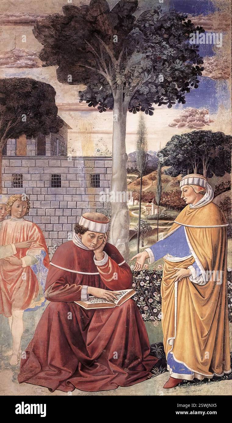GOZZOLI, Benozzo (né vers 1420, Firenze, d. 1497, Pistoia) Saint Augustin lisant l'épître de Saint Paul (scène 10, mur est) 1464-65 fresque, 220 x 230 cm Chapelle Apsidale, Sant'Agostino, San Gimignano dans la fresque suivante, Saint Augustin entend une voix dans l'isolement d'un jardin lui ordonnant de «prendre le livre et de lire». En conséquence, il prend l'épître de Saint Paul aux Romains, et commence à lire Romains 13:13 F., qui avertit les pécheurs de «vous mettre sur le Seigneur Jésus-Christ, et ne pas prendre de dispositions pour la chair, pour accomplir les convoitises de celui-ci.» A droite son ami intellectuel Aly Banque D'Images
