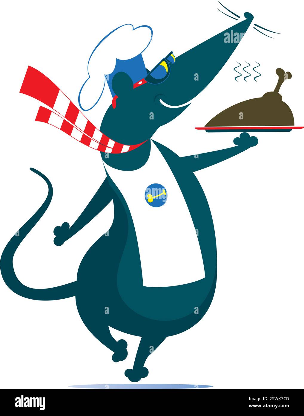 Rat ou souris un cuisinier. Rat ou souris tenant un plateau avec de la nourriture. Rat drôle ou souris tenant un plateau avec de la viande, du canard ou du poulet. Isolé sur fond blanc Illustration de Vecteur