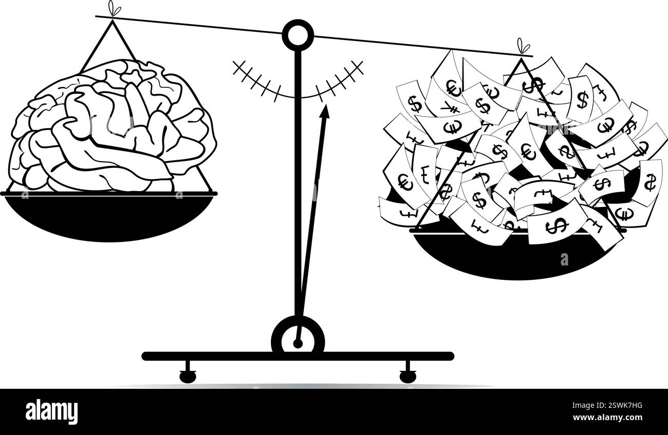 Cerveau. Balances. Réussite. Argent. Cerveau, balances et pile de papier monnaie. Concept commercial. Illustration en noir et blanc Illustration de Vecteur