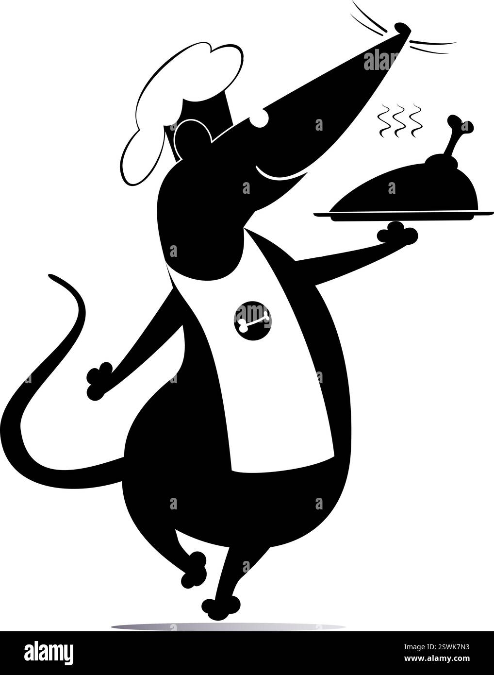 Rat ou souris un cuisinier. Rat ou souris tenant un plateau avec de la nourriture. Rat drôle ou souris tenant un plateau avec de la viande, du canard ou du poulet. Illustration en noir et blanc Illustration de Vecteur