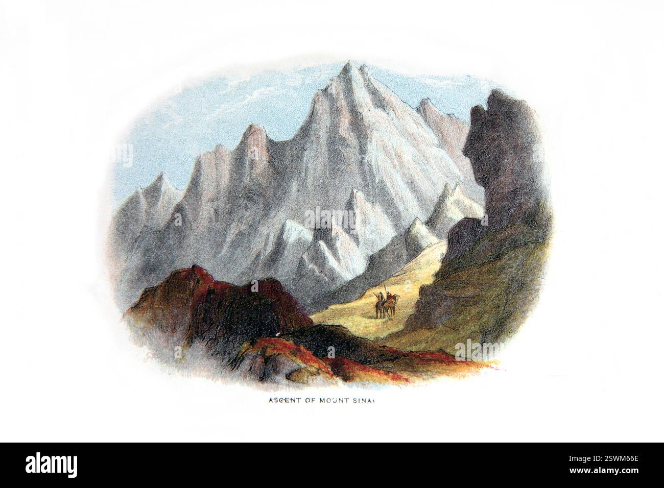 Ascension du mont Sinaï où Moïse est descendu avec les tablettes de la Loi (dix Commandements) de la Sainte Bible antique du 19ème siècle Banque D'Images