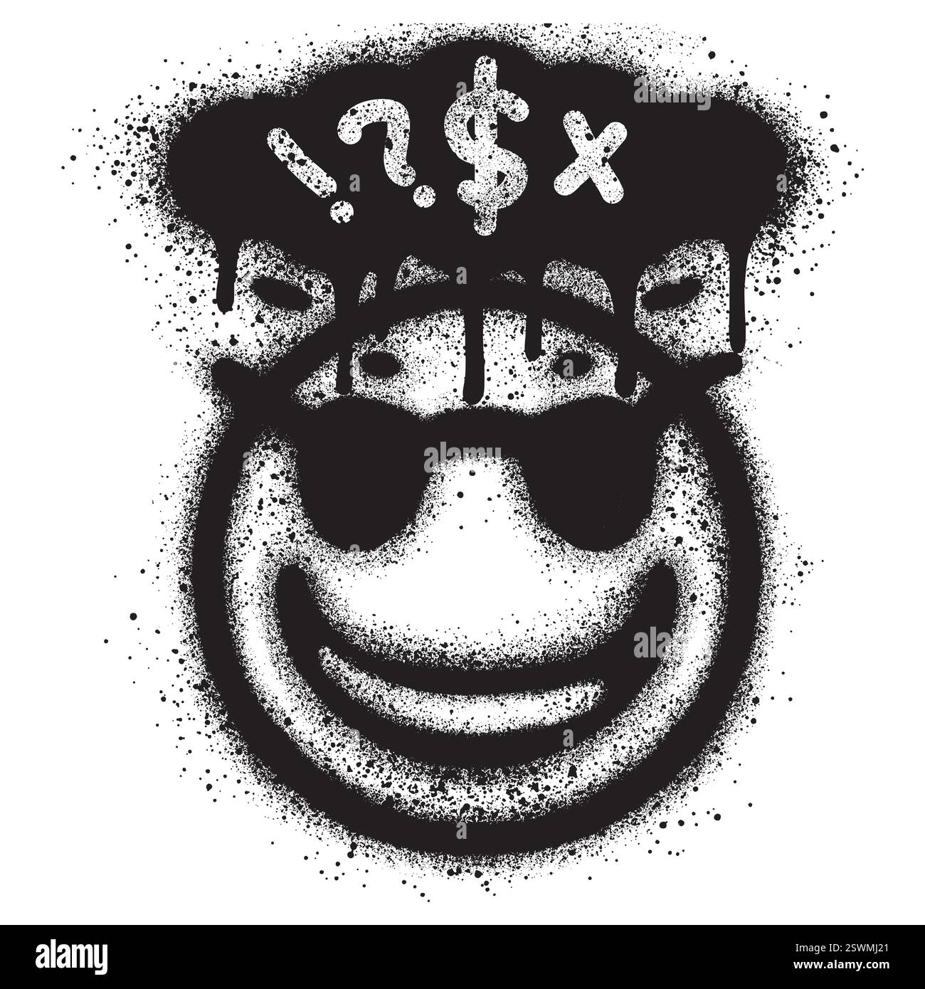 Émoticône graffiti Cool sourire visage avec lunettes de soleil isolé avec un fond blanc avec bulle de parole. Illustration de Vecteur