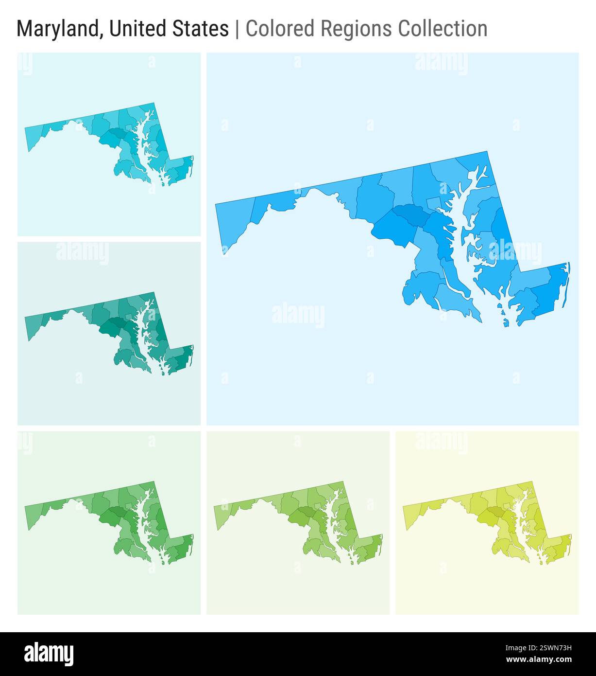 Maryland, États-Unis. Collection de cartes. Forme d'état. Comtés colorés. Bleu clair, cyan, sarcelle, vert, vert clair, palettes de couleurs de chaux. Illustration de Vecteur