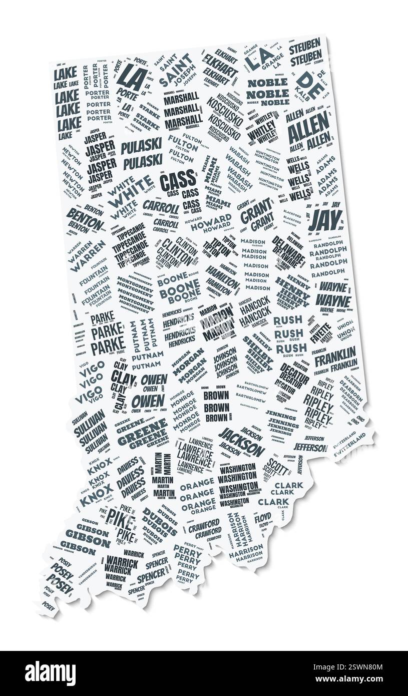 Nuage de texte de forme Indiana. Frontière d'état avec ombre sur fond blanc. Indiana avec division des comtés dans le style vintage gazette. Illustration de Vecteur