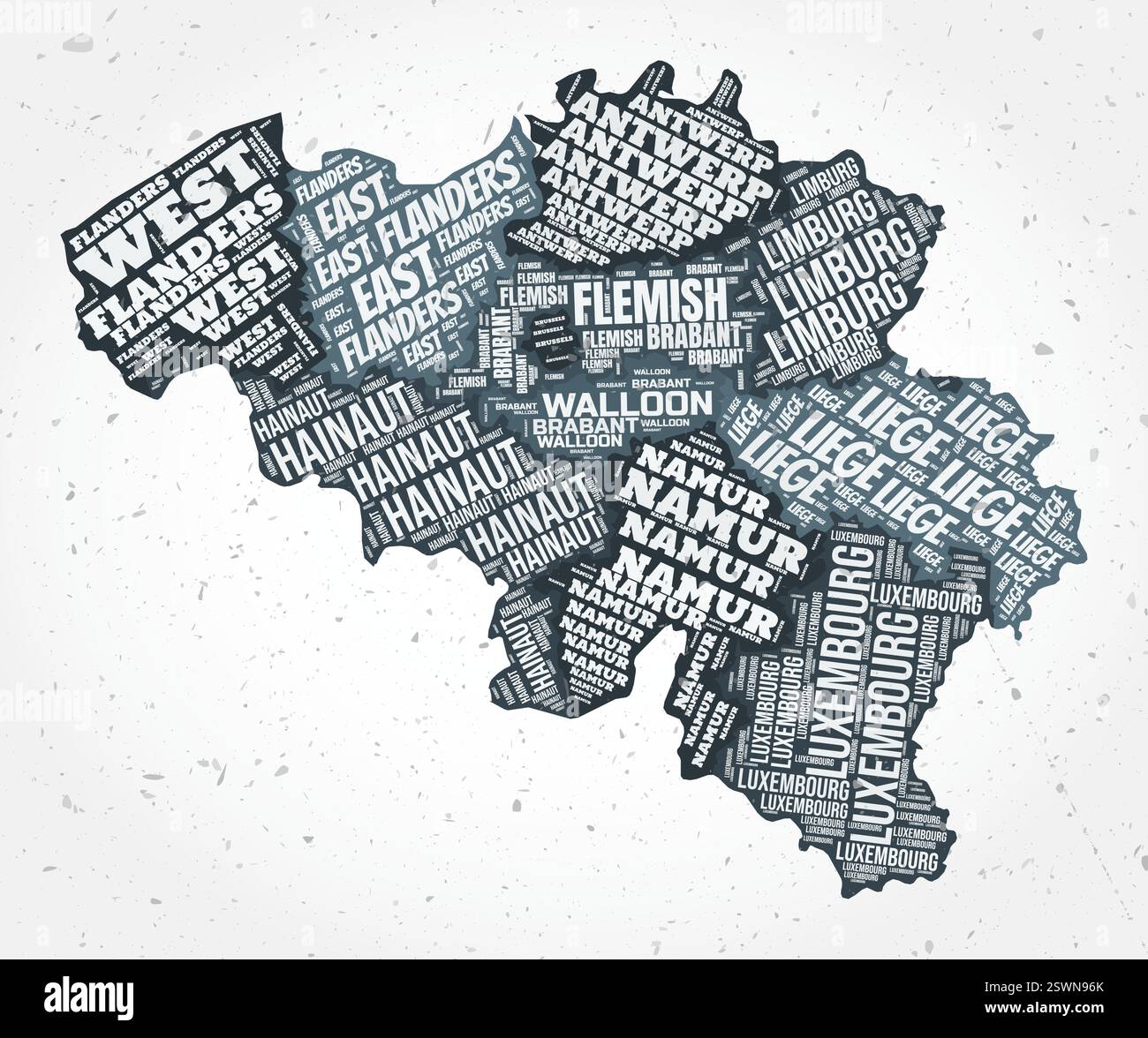 Nuages de mots pour les régions de Belgique. Forme de pays sur fond texturé. Belgique design dans un style typographique. Illustration vectorielle rétro. Illustration de Vecteur