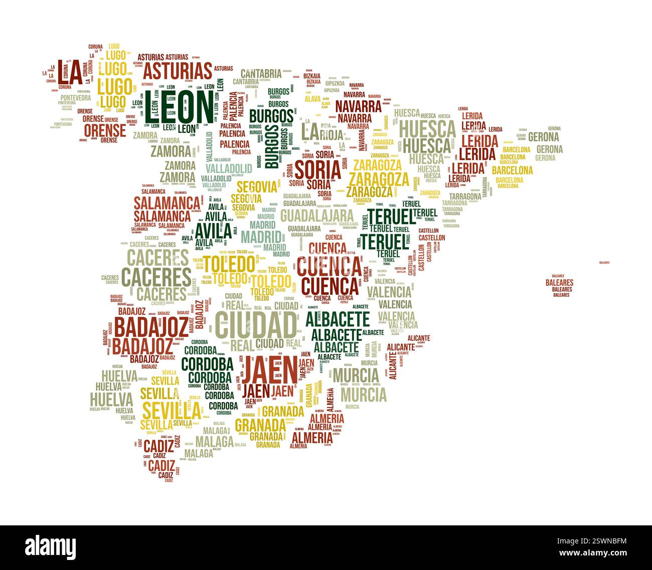 Espagne Word Cloud. Forme du pays avec division de région. Espagne image de style typographie. Nuages de balises de noms de région. Illustration vectorielle. Illustration de Vecteur