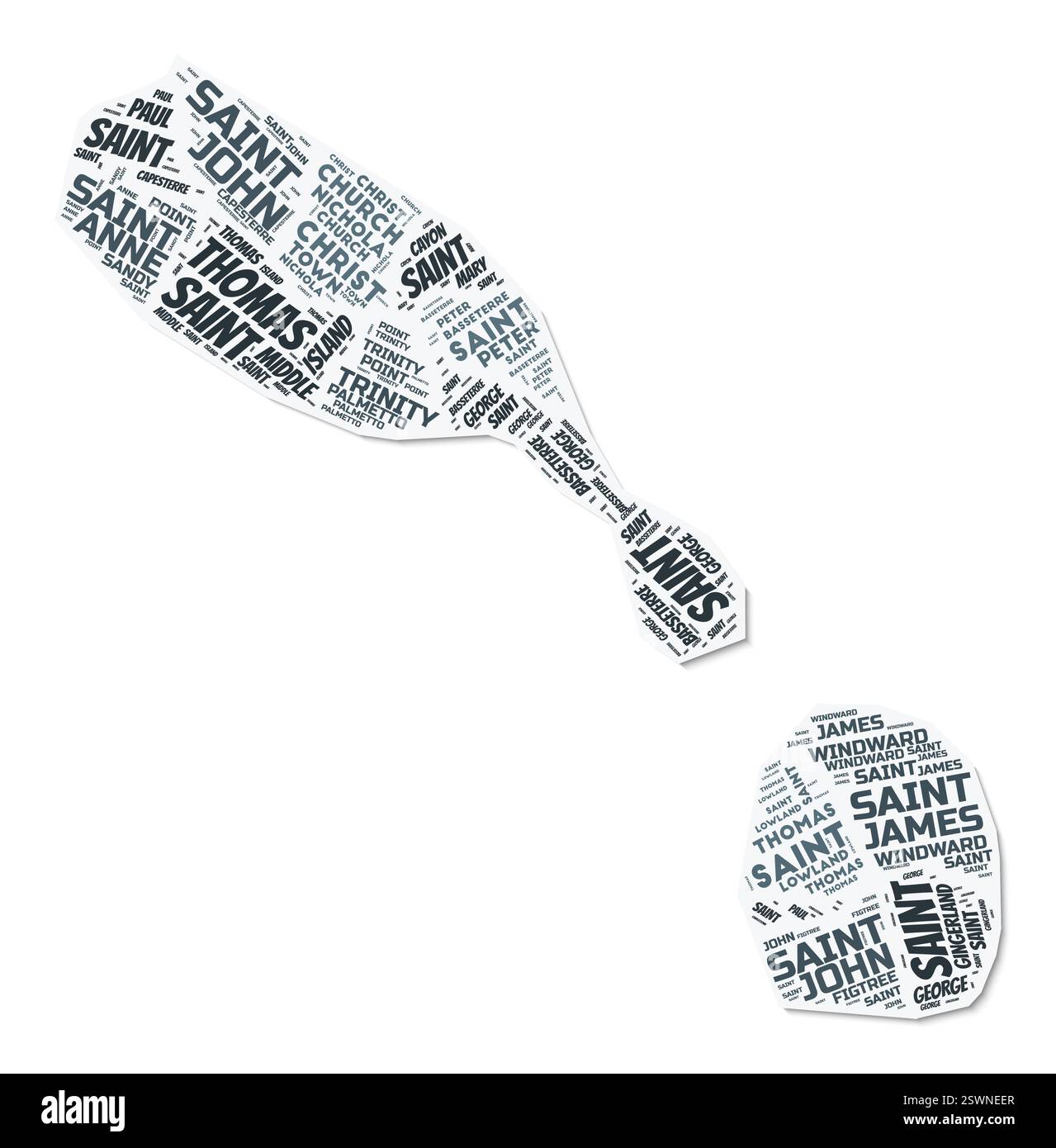 Saint-Kitts-et-Nevis forme un nuage de texte. Frontière de pays avec ombre sur fond blanc. Illustration de Vecteur