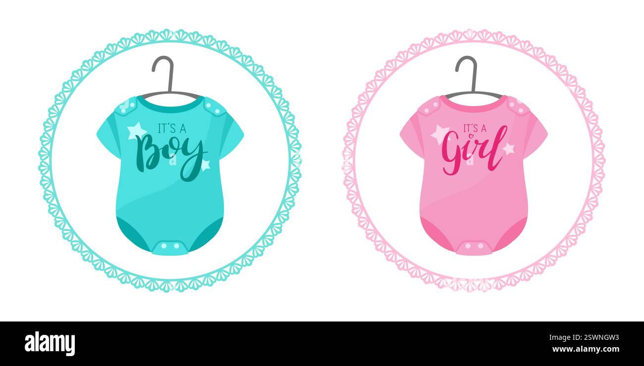 Deux adorables illustrations de genre révèlent des bodys pour bébé avec les textes « It's a Boy » et « It's a Girl ». Parfait pour les invitations, les annonces, ou Illustration de Vecteur