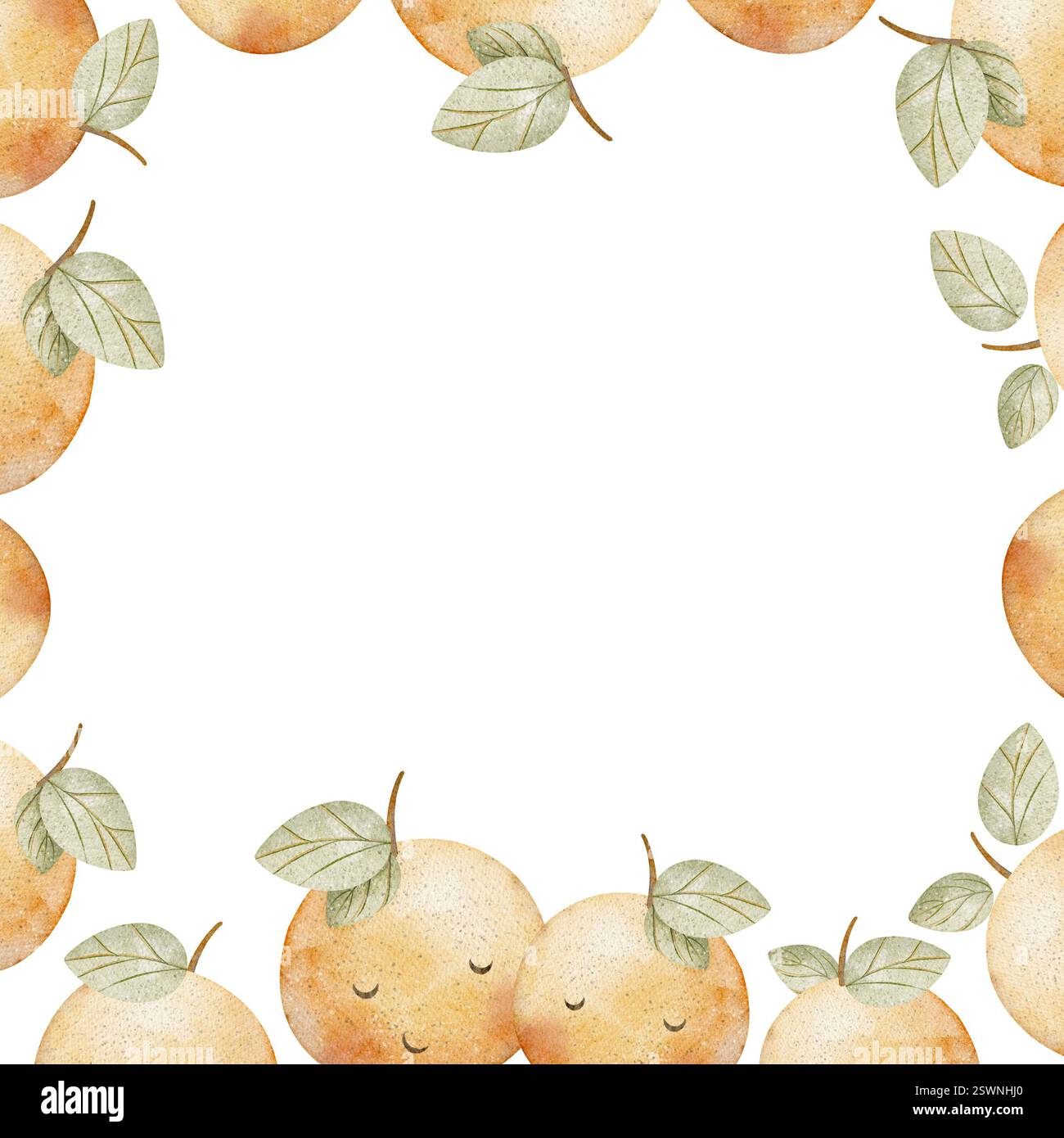 Cadre aquarelle fruits mignons, mandarine brillante, orange joyeuse. Illustration dessinée à la main dans le style de dessin animé, produit pour les modèles des enfants Banque D'Images