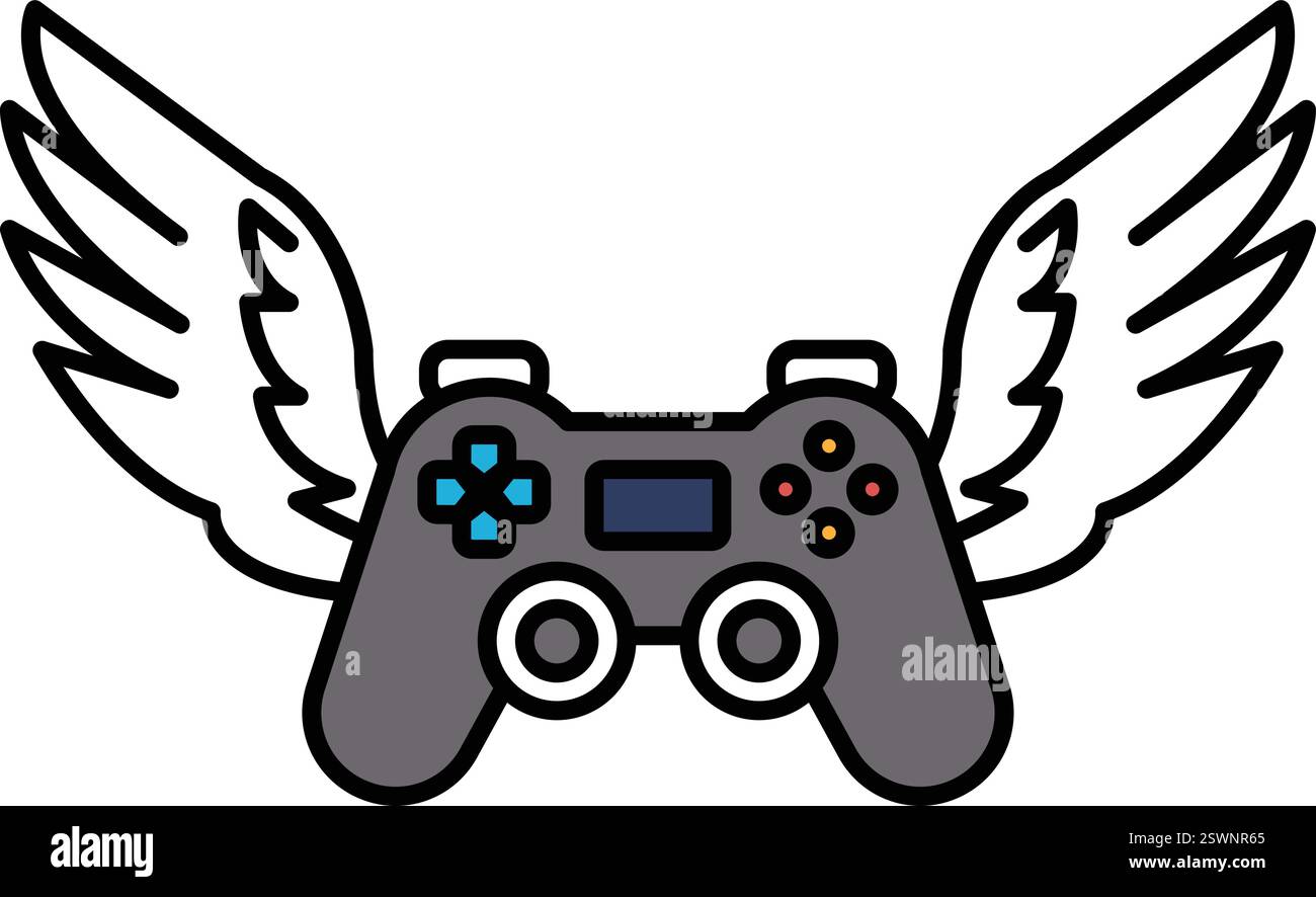 Un contrôleur de jeu vidéo avec des ailes dessus. La manette est une manette Nintendo Wii. Le contrôleur est blanc et gris Illustration de Vecteur