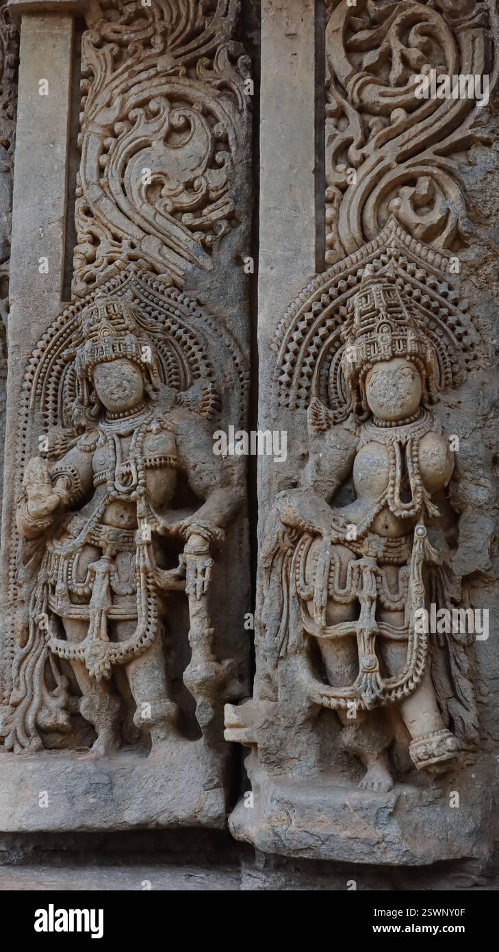 Idoles magnifiquement sculptées des divinités hindoues sur le temple Chinnakeshwa, temple Shiva du 12ème siècle, Mosale, Hassan, Karnataka, Inde. Banque D'Images