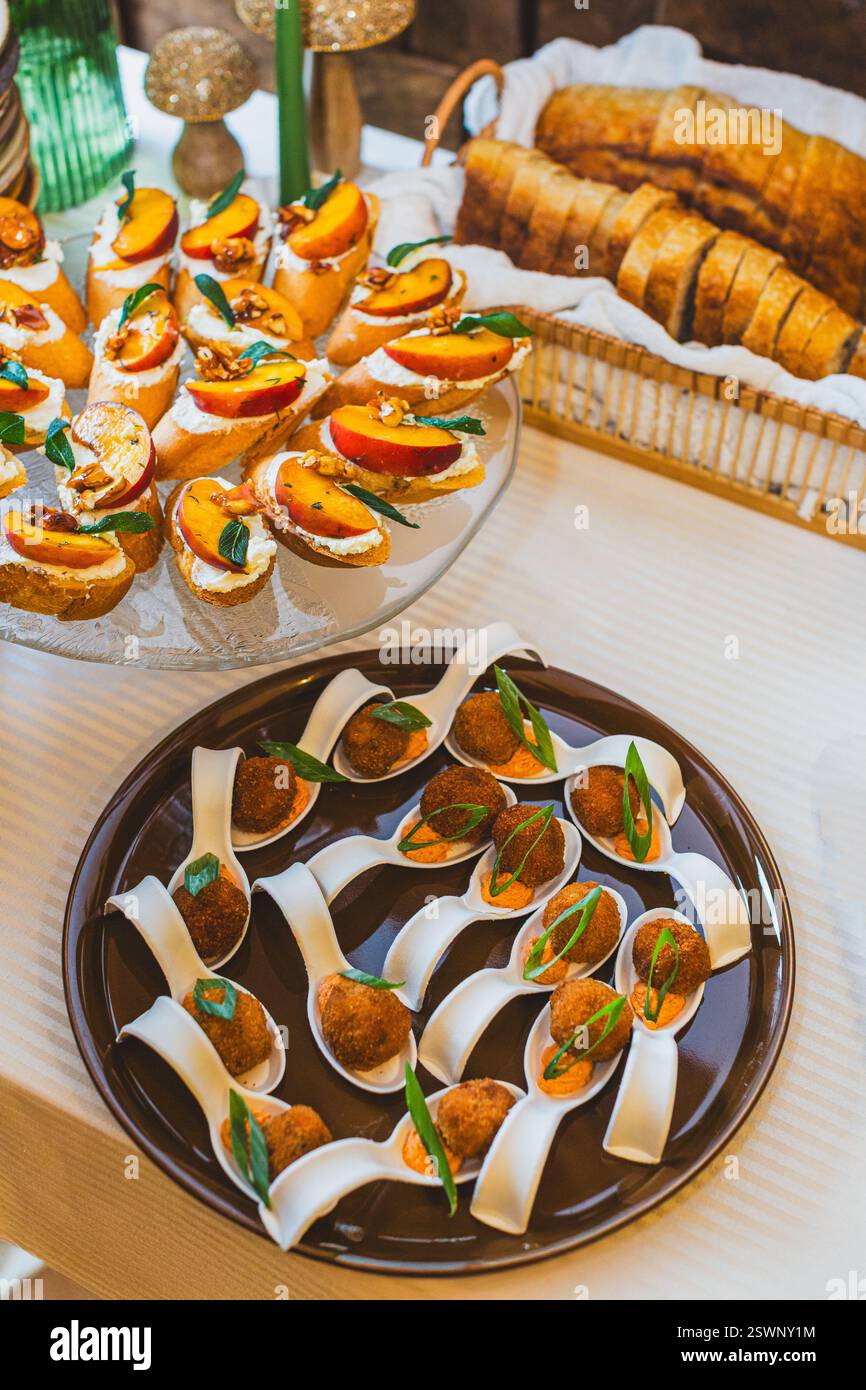 Une sélection de hors-d'œuvre magnifiquement agencés présentant des friandises gastronomiques et des présentations élégantes. Banque D'Images