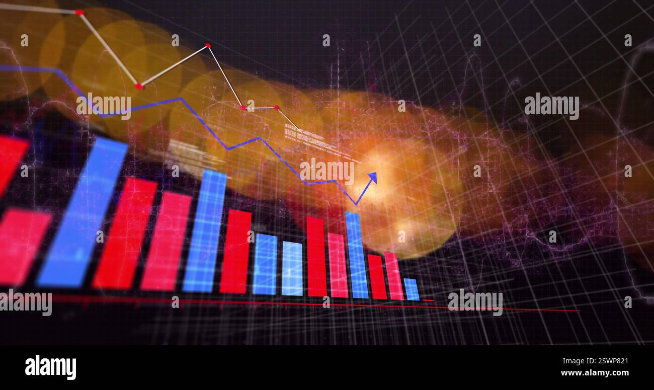 Graphiques à barres et lignes image sur fond abstrait avec des éléments brillants Banque D'Images