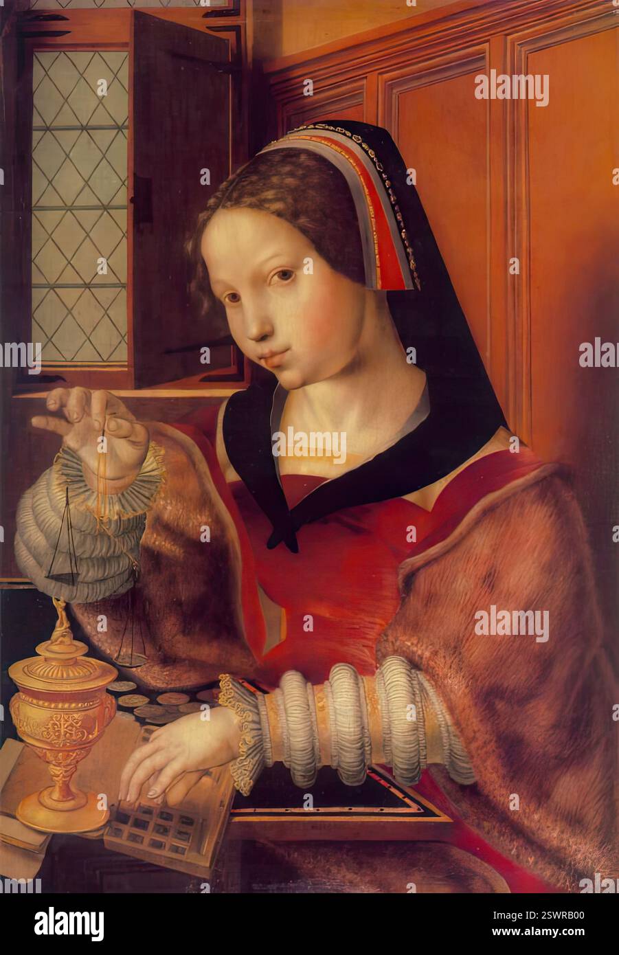 HEMESSEN, Jan Sanders van (née vers 1500, Hemishem, d. 1556, Haarlem) femme pesant de l'or - huile sur bois de chêne, 44 x 31 cm Staatliche Museen, Berlin ce peintre flamand a étudié à Anvers puis s'est installé à Haarlem. Il peint des sujets et des genres bibliques. Il a voyagé en Italie et a connu le maniérisme italien. *** Mots-clés : ************* Auteur : HEMESSEN, Jan Sanders van titre : Woman Weighing Gold Time-line : 1501-1550 École : Flamand forme : Painting type : genre Banque D'Images