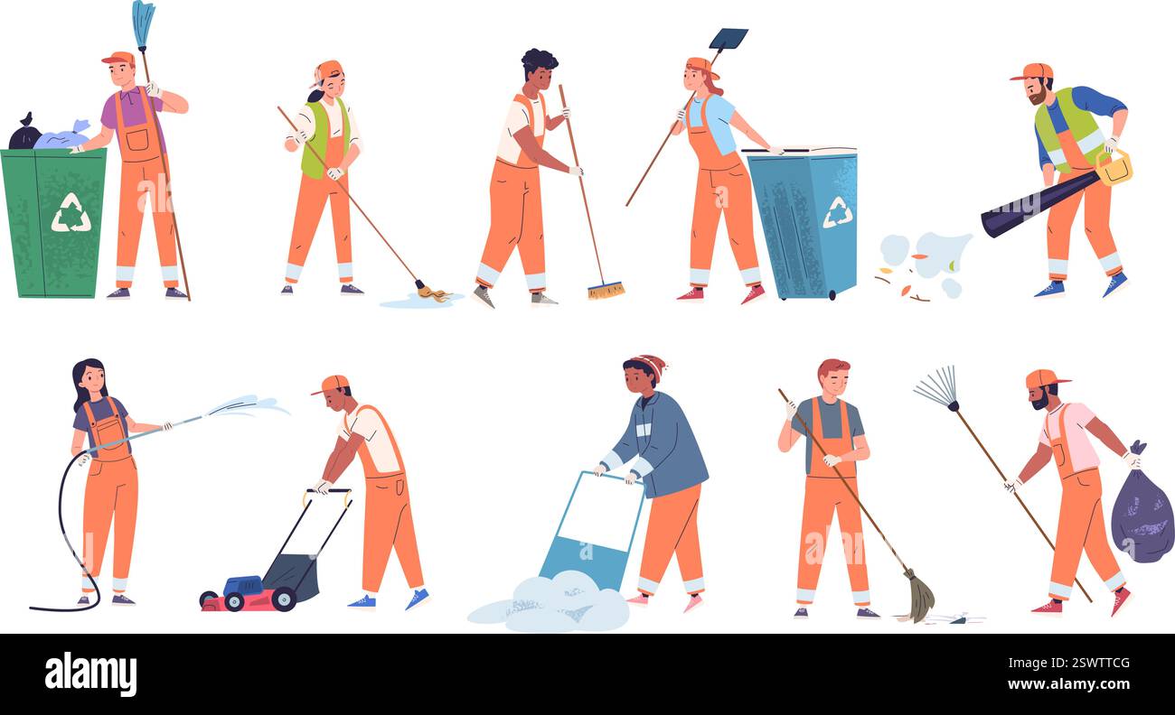 Nettoyeurs de rue. Concierges de la ville dans le nettoyage uniforme rassemblant les ordures urbaines, balayeuse service de conciergerie travail collecteur de poubelle de poubelle de dépoussiérage, ensemble de caractères classe illustration vectorielle illustration originale Illustration de Vecteur