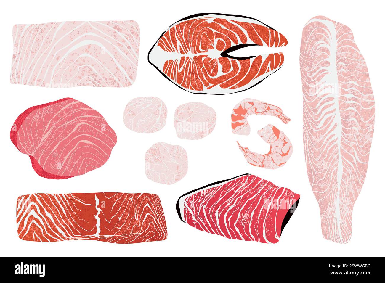 Produits de la mer. Produits frais de fruits de mer pour le menu du restaurant, caricature saumon truite thon, crevettes Saint-Jacques ingrédients de morue. Ensemble de vecteurs Illustration de Vecteur