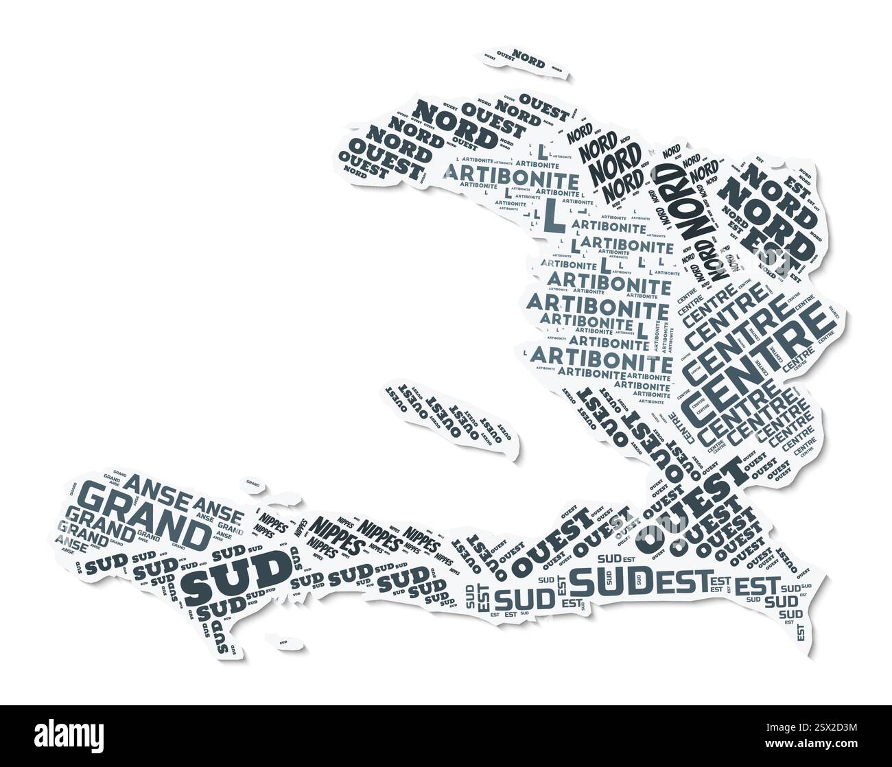 Nuage de texte de forme Haïti. Frontière de pays avec ombre sur fond blanc. Haïti avec division des régions dans le style vintage gazette. Illustration de Vecteur