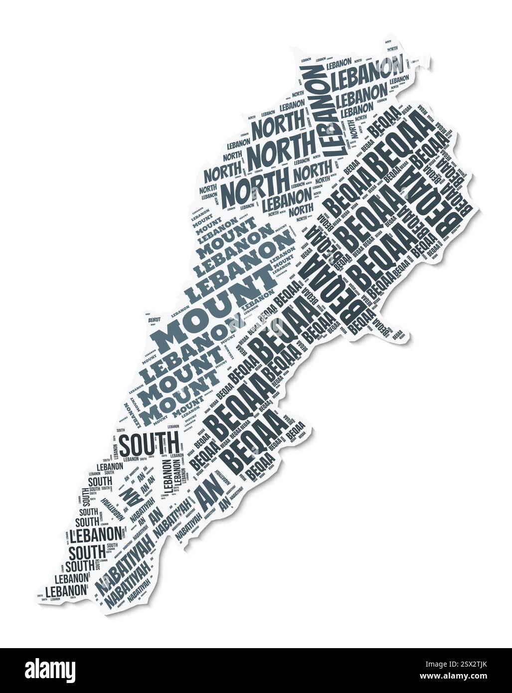 Nuage de texte de forme Liban. Frontière de pays avec ombre sur fond blanc. Liban avec division des régions dans le style vintage gazette. Illustration de Vecteur