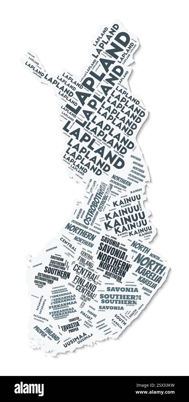 Nuage de texte de forme Finlande. Frontière de pays avec ombre sur fond blanc. Finlande avec division des régions dans le style vintage gazette. Illustration de Vecteur