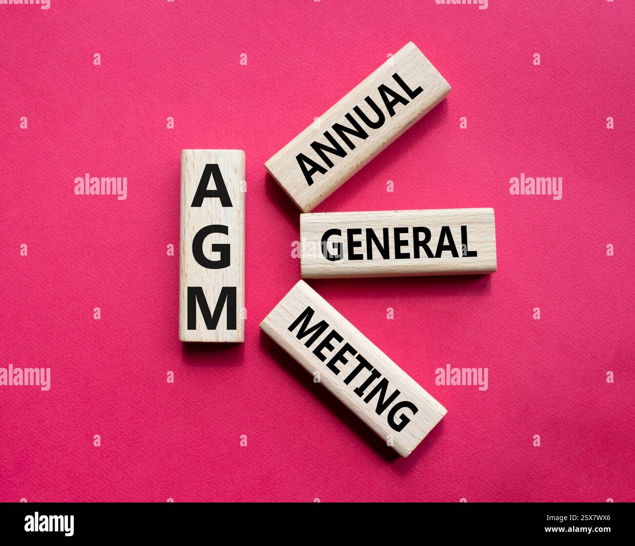AGA - symbole de l'Assemblée générale annuelle. Mot concept AGM sur cubes en bois. Beau fond rouge. Business et AGM concept. Copier l'espace. Banque D'Images