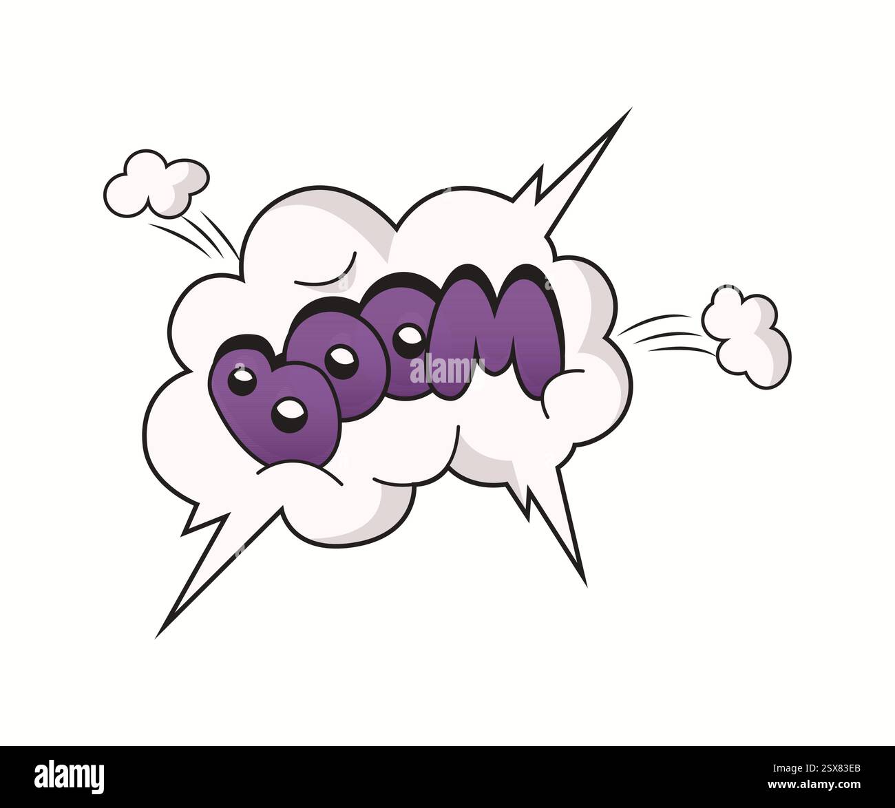 Illustration dynamique de style comique avec boom de mots en violet éclatant dans un nuage explosif. Design énergique et ludique idéal pour la bande dessinée et pop Ar Illustration de Vecteur