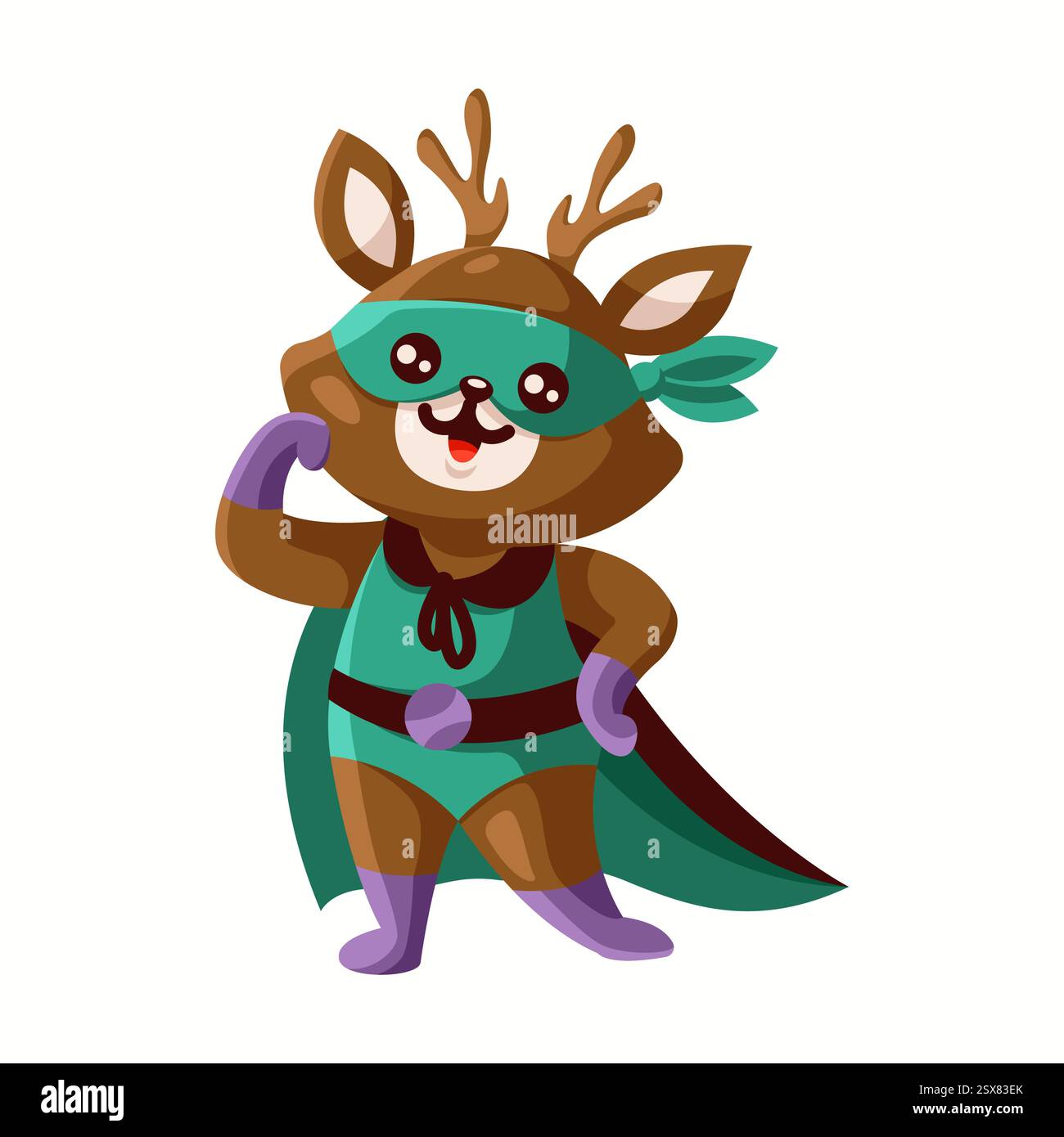 Illustration d'un cerf de dessin animé joyeux habillé comme un super-héros portant un masque et une cape debout avec confiance. Le personnage a des bois et un o vibrant Illustration de Vecteur