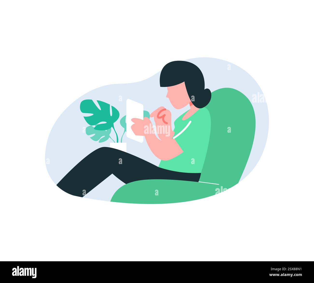 Femme assise sur le canapé et lisant un livre. Illustration vectorielle plate Illustration de Vecteur