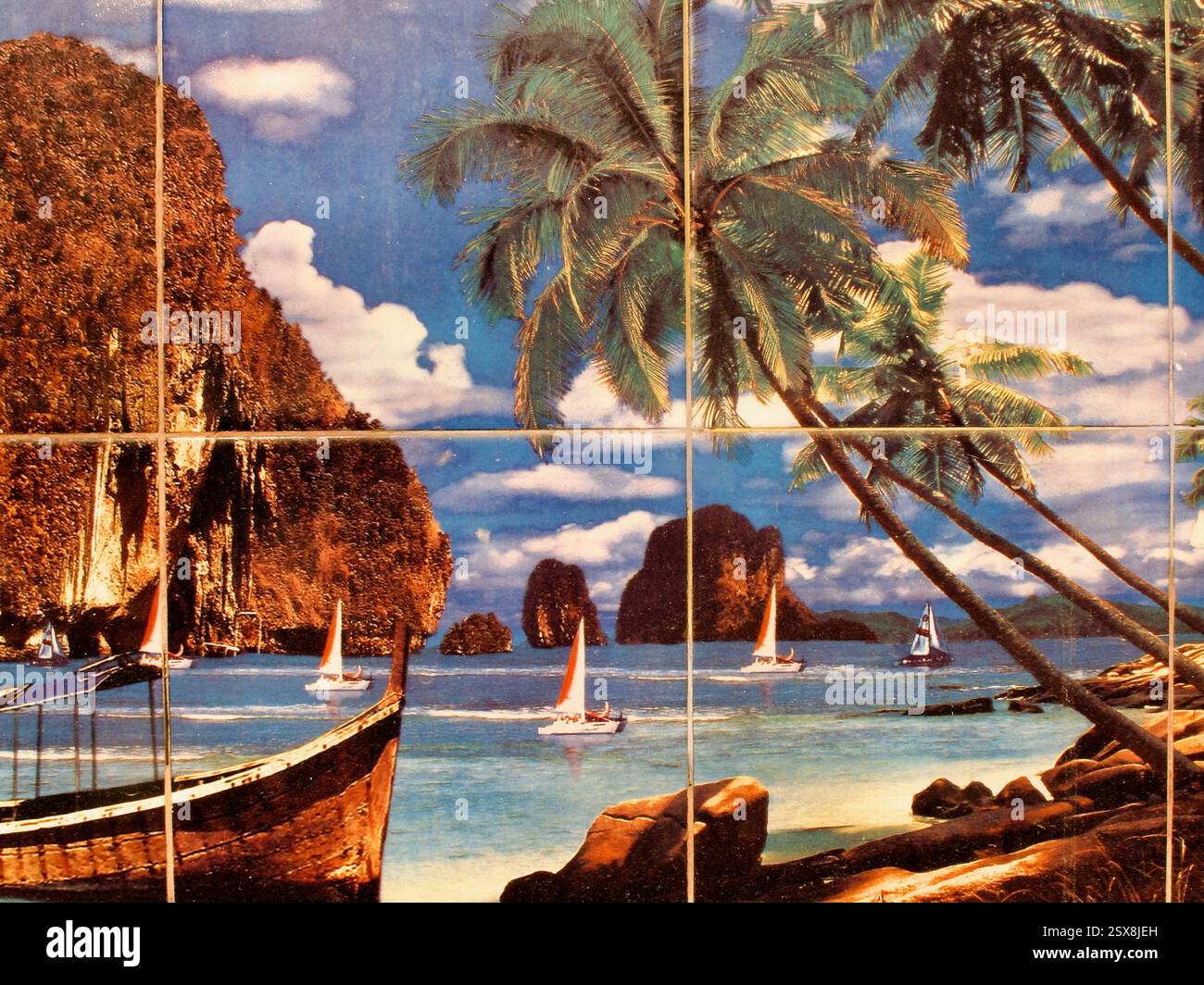 Un paysage tropical composé idéalisé imprimé sur des carreaux de céramique décorant un restaurant populaire de Dacca mélange des images d'évasion avec la culture culinaire locale. Banque D'Images